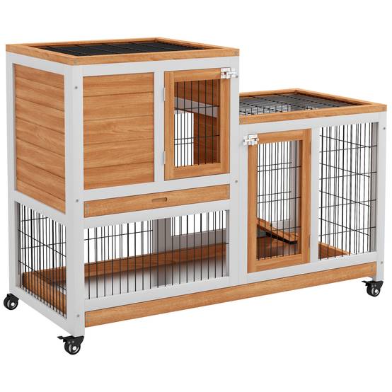 Clapier Intérieur à 2 Niveaux en Bois sur Roulettes avec Rampe et Bacs Amovibles 110 cm - ComfortXL Outdoor Living - Image 1