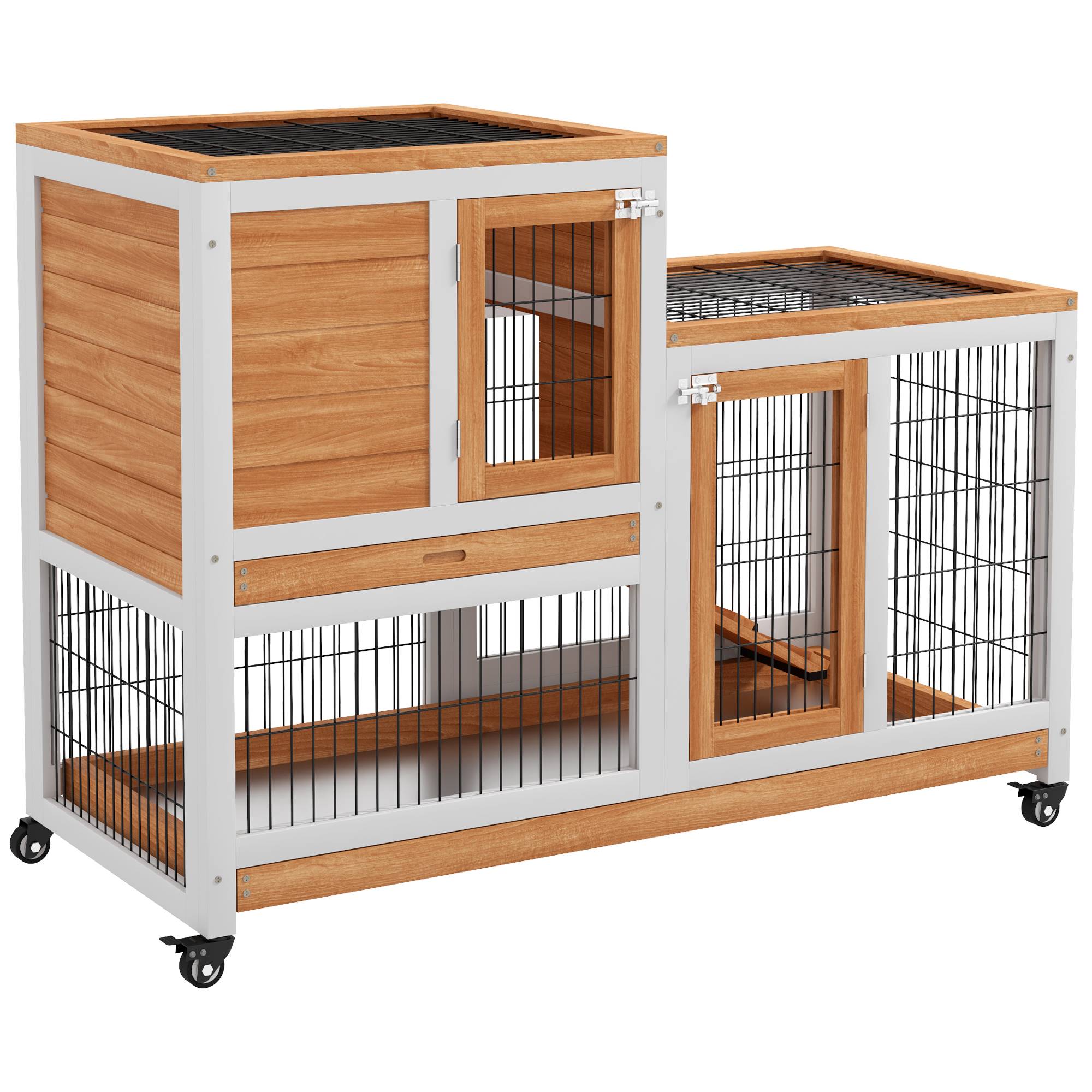 Clapier Intérieur à 2 Niveaux en Bois sur Roulettes avec Rampe et Bacs Amovibles 110 cm - ComfortXL Outdoor Living - Image 1