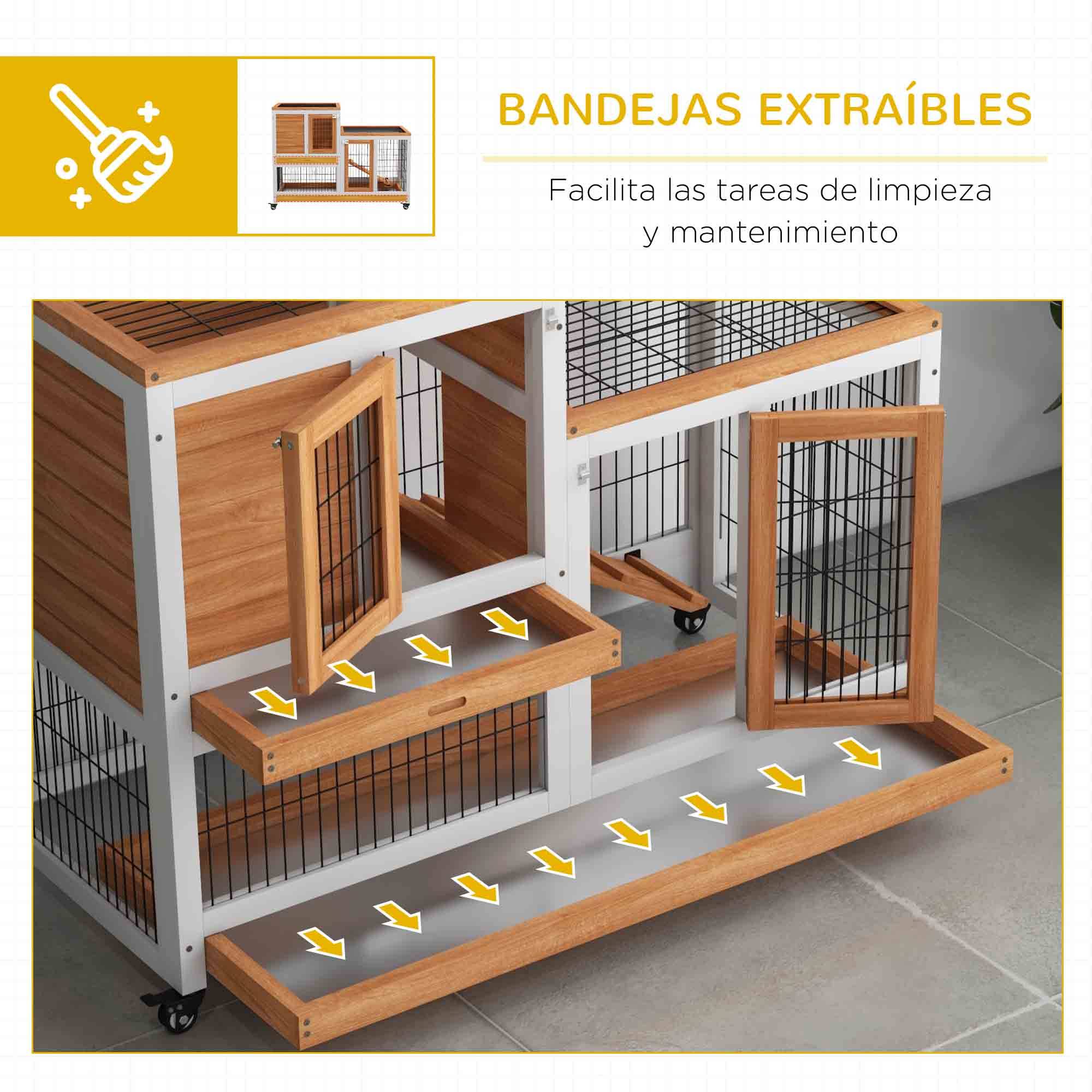 Clapier Intérieur à 2 Niveaux en Bois sur Roulettes avec Rampe et Bacs Amovibles 110 cm - ComfortXL Outdoor Living - Image 8