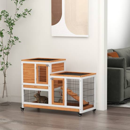 Clapier Intérieur à 2 Niveaux en Bois sur Roulettes avec Rampe et Bacs Amovibles 110 cm - ComfortXL Outdoor Living - Image 4