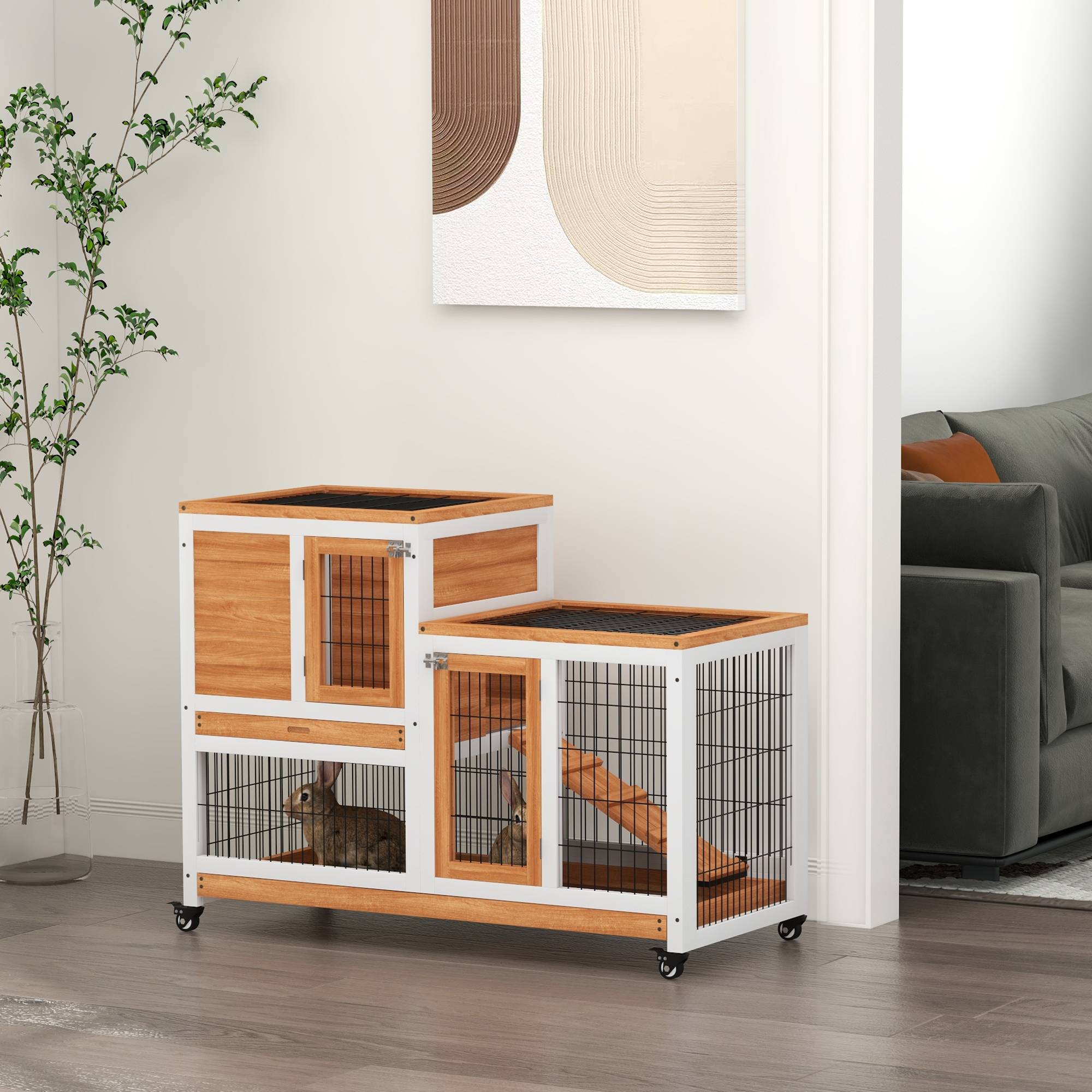 Clapier Intérieur à 2 Niveaux en Bois sur Roulettes avec Rampe et Bacs Amovibles 110 cm - ComfortXL Outdoor Living - Image 4
