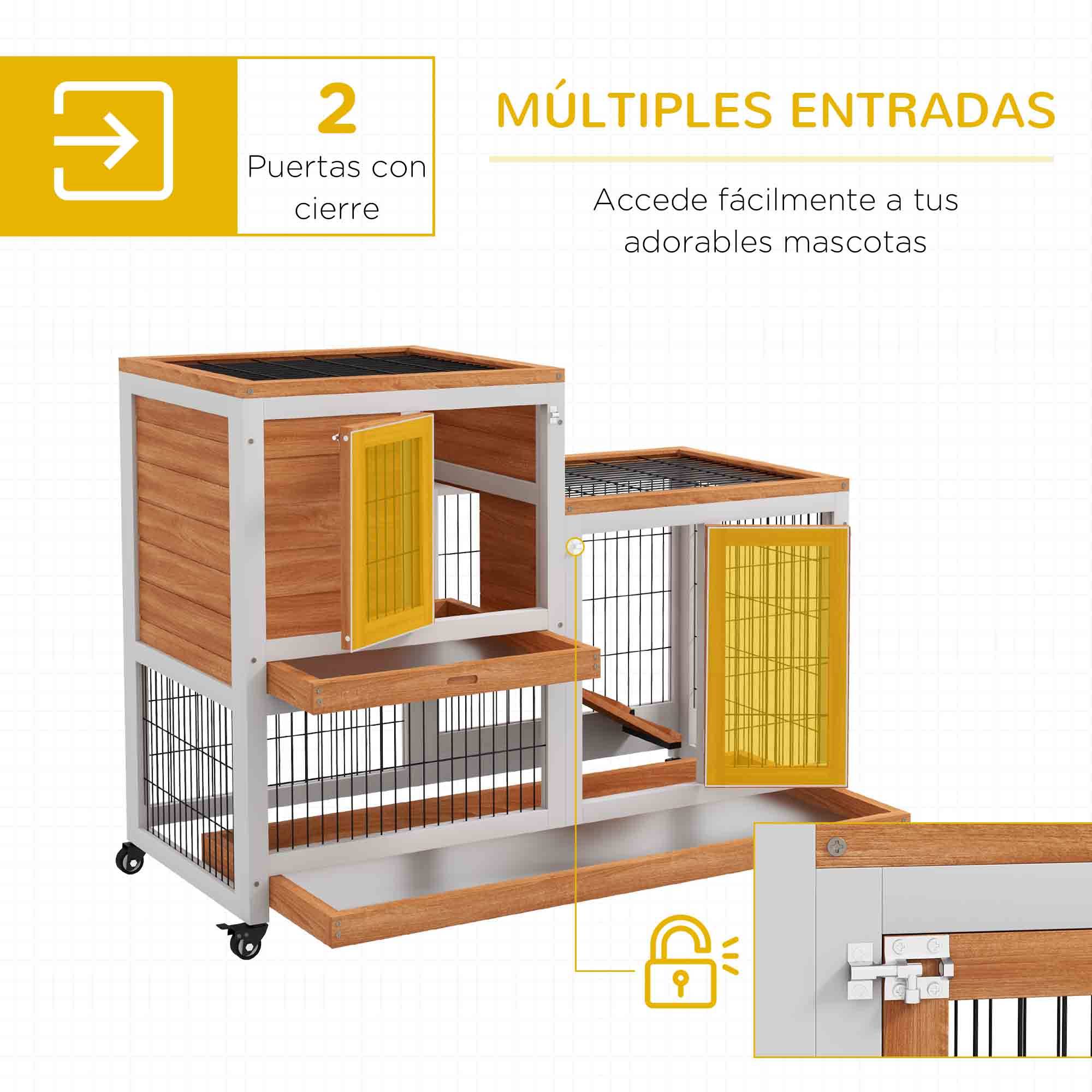 Clapier Intérieur à 2 Niveaux en Bois sur Roulettes avec Rampe et Bacs Amovibles 110 cm - ComfortXL Outdoor Living - Image 7