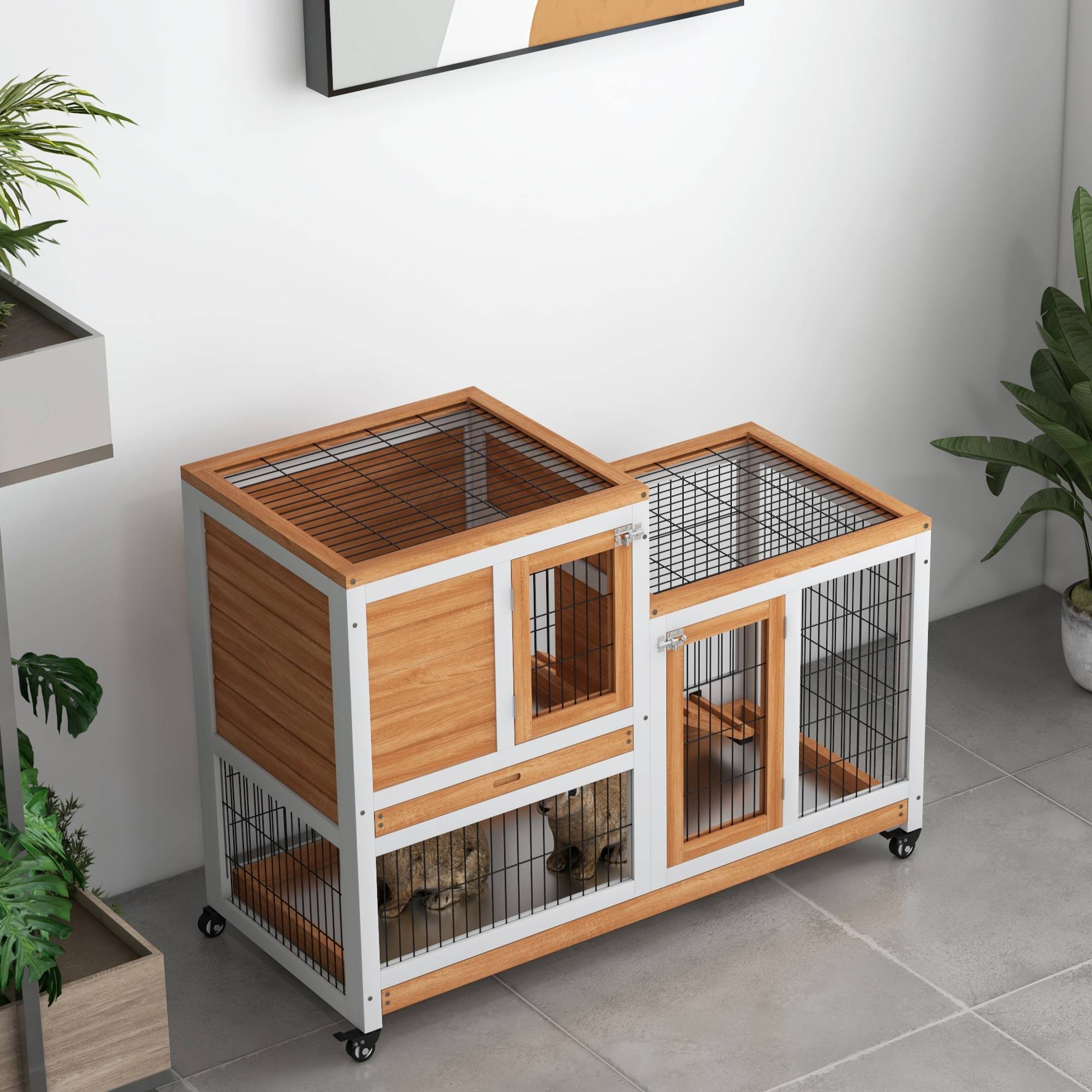 Clapier Intérieur à 2 Niveaux en Bois sur Roulettes avec Rampe et Bacs Amovibles 110 cm - ComfortXL Outdoor Living - Image 10
