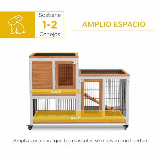 Clapier Intérieur à 2 Niveaux en Bois sur Roulettes avec Rampe et Bacs Amovibles 110 cm - ComfortXL Outdoor Living - Image 6
