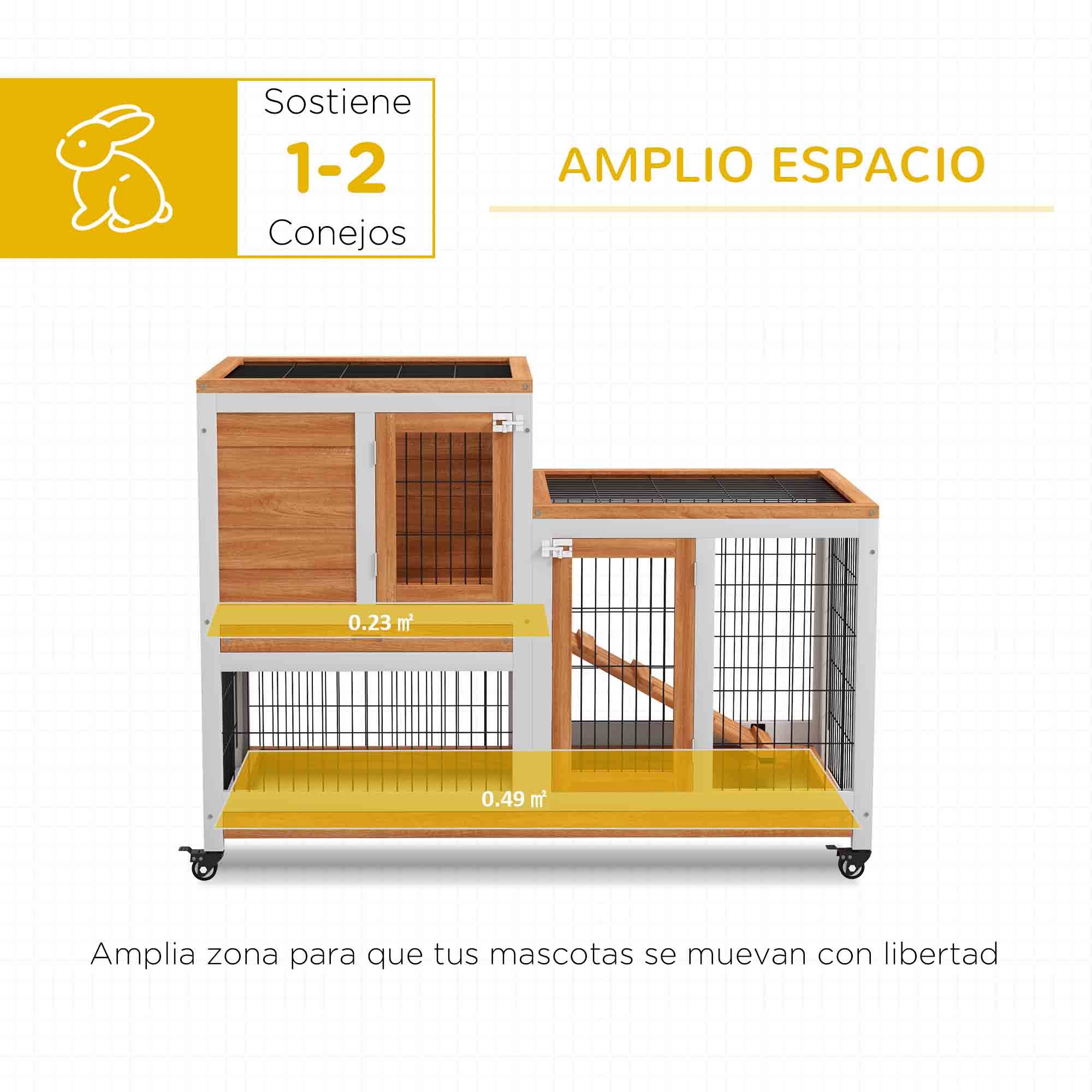 Clapier Intérieur à 2 Niveaux en Bois sur Roulettes avec Rampe et Bacs Amovibles 110 cm - ComfortXL Outdoor Living - Image 6