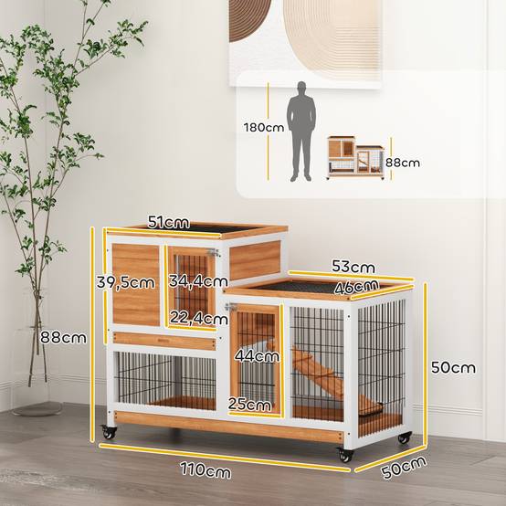 Clapier Intérieur à 2 Niveaux en Bois sur Roulettes avec Rampe et Bacs Amovibles 110 cm - ComfortXL Outdoor Living - Image 5