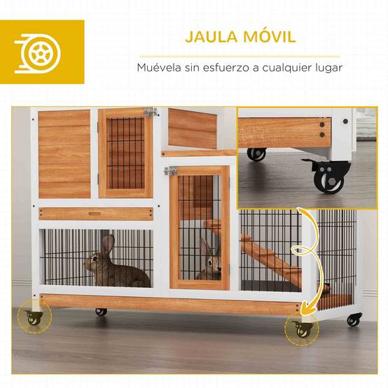 Clapier Intérieur à 2 Niveaux en Bois sur Roulettes avec Rampe et Bacs Amovibles 110 cm - ComfortXL Outdoor Living - Image 9
