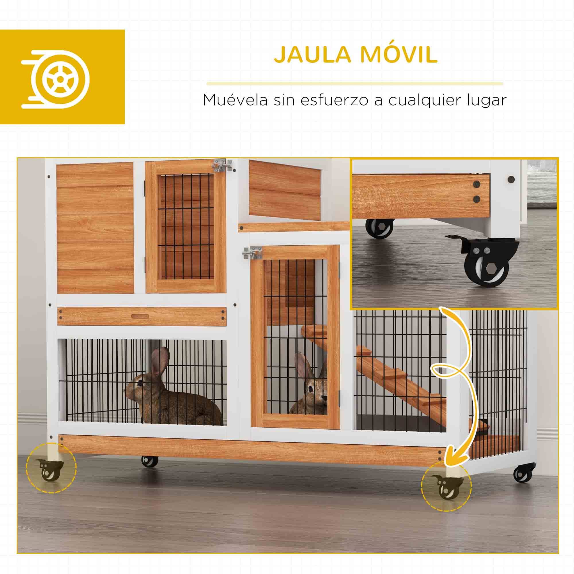 Clapier Intérieur à 2 Niveaux en Bois sur Roulettes avec Rampe et Bacs Amovibles 110 cm - ComfortXL Outdoor Living - Image 9