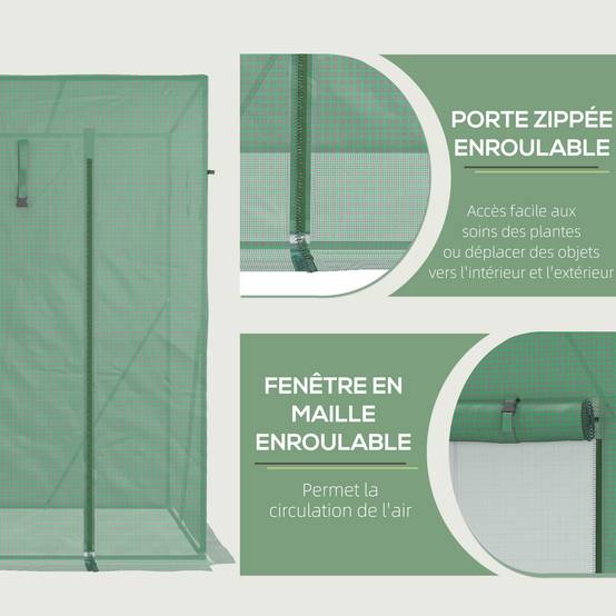 Serre de Jardin Anti-UV 2 fenêtres moustiquaires + Barres renforcement 200L x 77l x 169H cm Acier PE Vert - Image 7