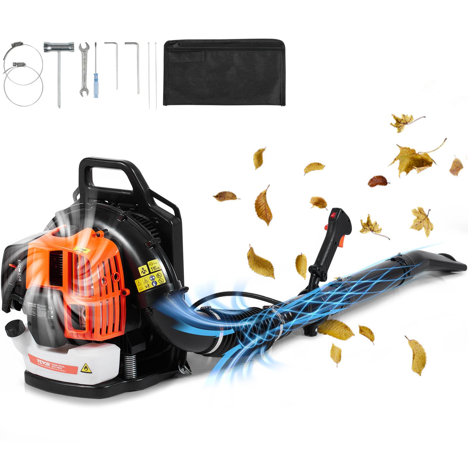 VEVOR Souffleur feuilles essence, 63 CC, 2 temps. Volume air 1110 CFM, réservoir 1,89 L. Dos.