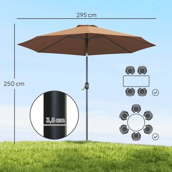 Parasol jardin Ø295x250 cm, manivelle, inclinable, mât métallique détachable, terrasse piscine patio, café - Image 5
