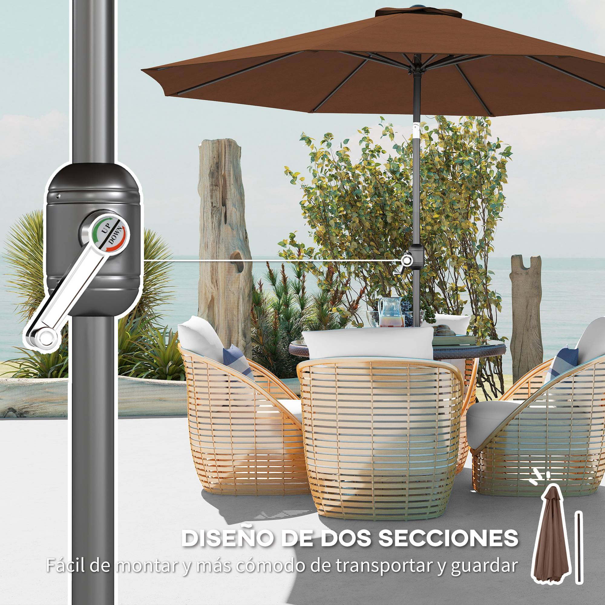 Parasol jardin Ø295x250 cm, manivelle, inclinable, mât métallique détachable, terrasse piscine patio, café - Image 8