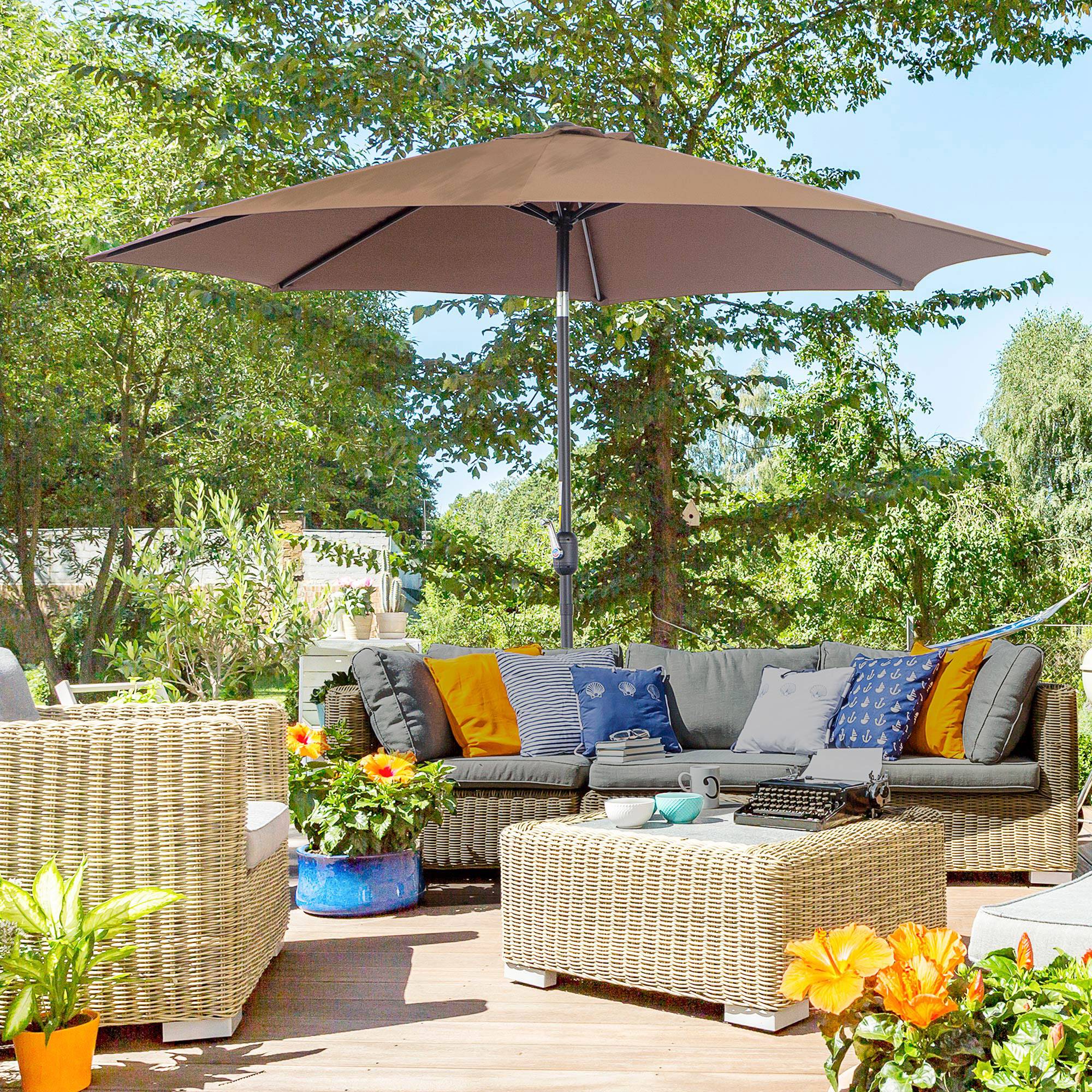 Parasol jardin Ø295x250 cm, manivelle, inclinable, mât métallique détachable, terrasse piscine patio, café - Image 4