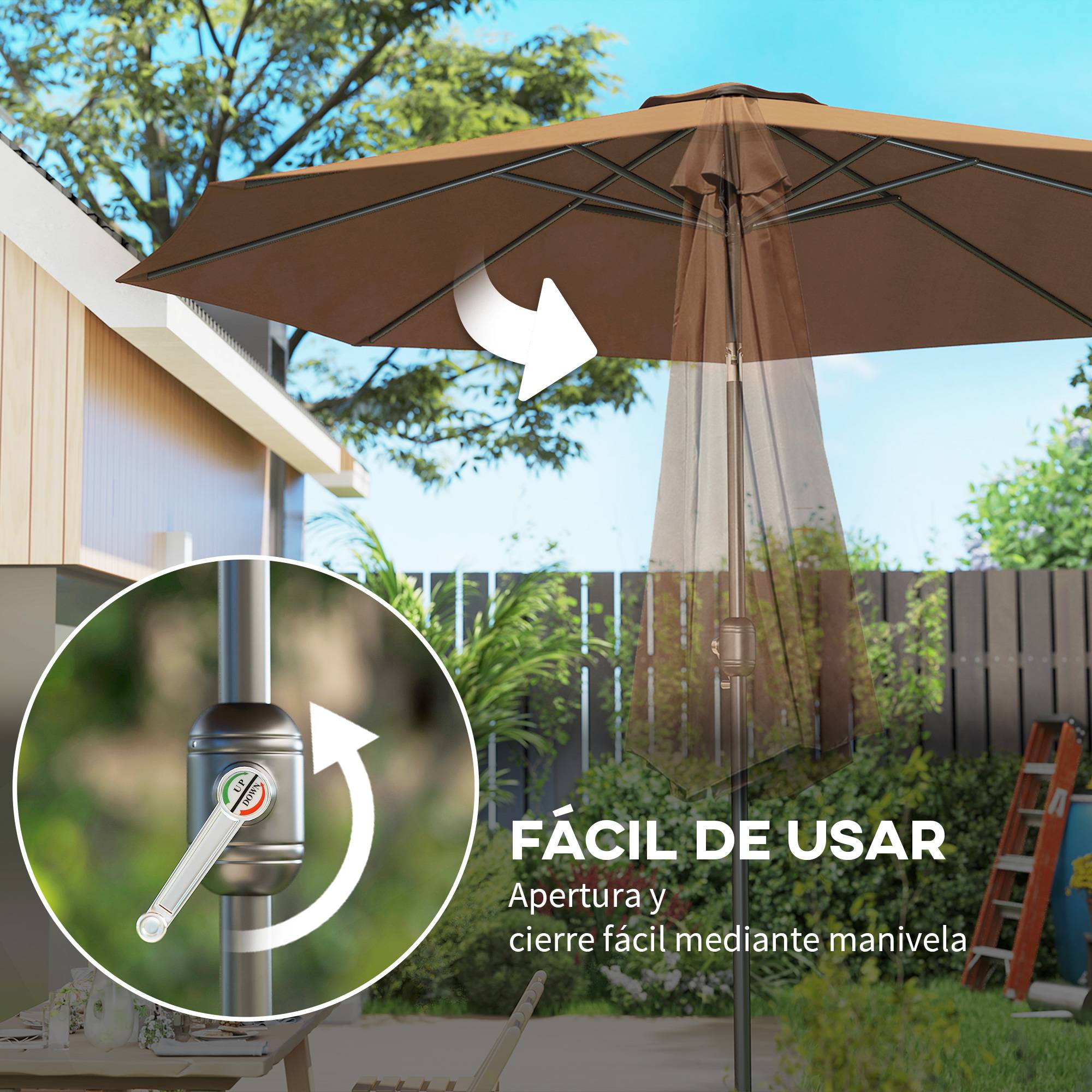 Parasol jardin Ø295x250 cm, manivelle, inclinable, mât métallique détachable, terrasse piscine patio, café - Image 7