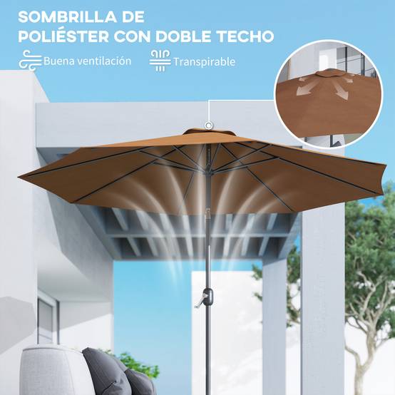 Parasol jardin Ø295x250 cm, manivelle, inclinable, mât métallique détachable, terrasse piscine patio, café - Image 10
