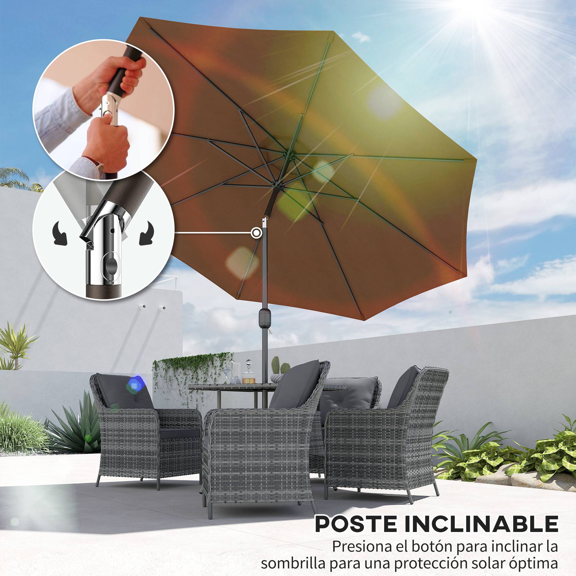 Parasol jardin Ø295x250 cm, manivelle, inclinable, mât métallique détachable, terrasse piscine patio, café - Image 6