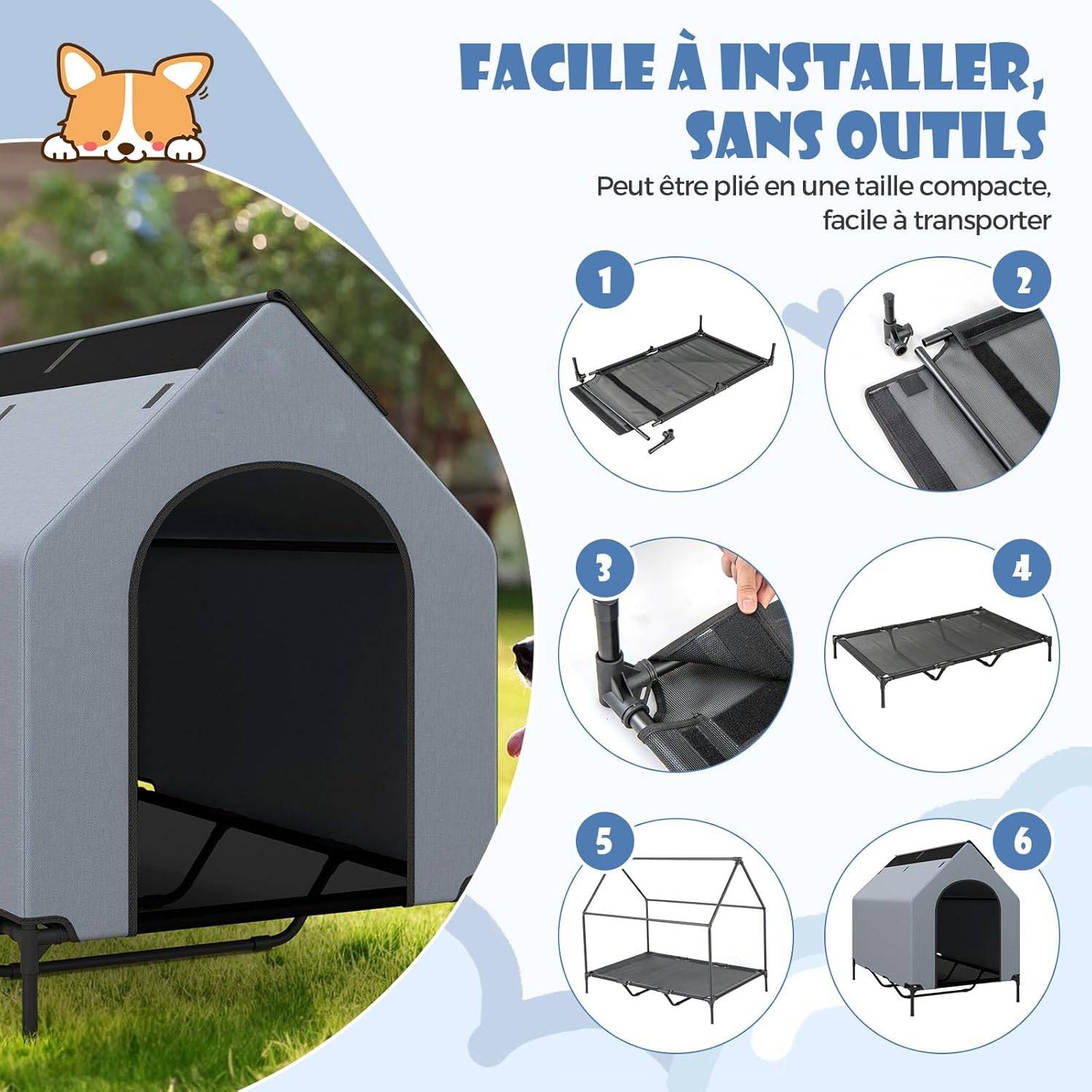 COSTWAY Niche pour Chien Exteriéur Intérieur 132 cm, Chenil pour Grand Chien 2 en 1, Fenêtre Ventilée, Housse Amovible, Lit pour Chien,Capacité 50 kg - Image 8