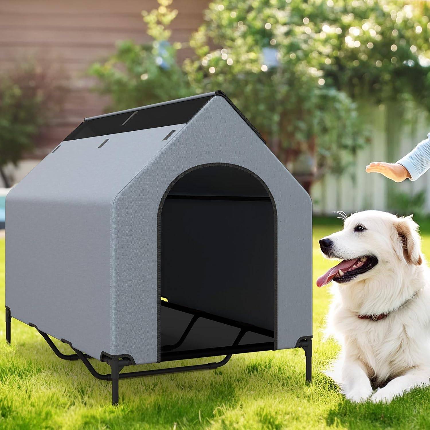 COSTWAY Niche pour Chien Exteriéur Intérieur 132 cm, Chenil pour Grand Chien 2 en 1, Fenêtre Ventilée, Housse Amovible, Lit pour Chien,Capacité 50 kg - Image 1