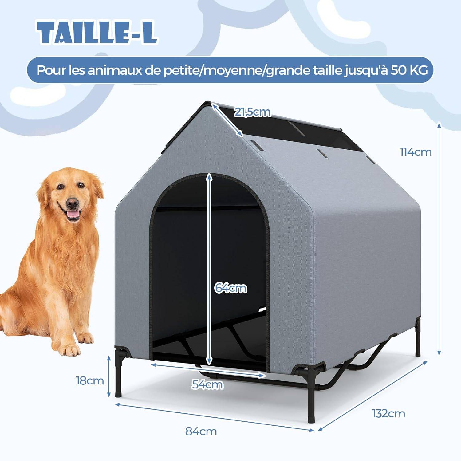 COSTWAY Niche pour Chien Exteriéur Intérieur 132 cm, Chenil pour Grand Chien 2 en 1, Fenêtre Ventilée, Housse Amovible, Lit pour Chien,Capacité 50 kg - Image 3