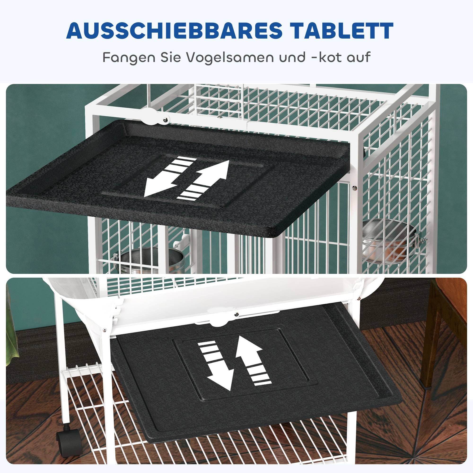 Cage à oiseaux, cage pour perroquet avec 3 portes, 2 perchoirs, roulettes pivotantes à 360°, mangeoire, étagère, aire de jeu, 62,5 x 62,5 x 156 cm - Image 6