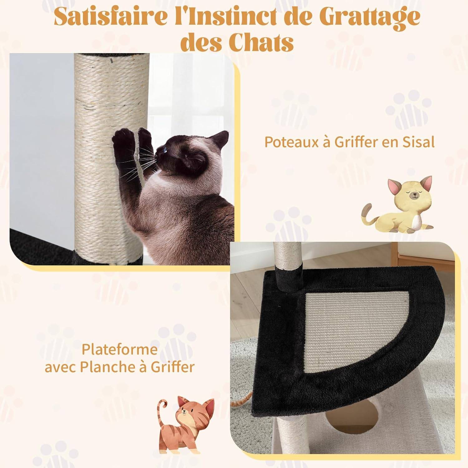 Arbre à Chat XXL 124 cm, Condo Flottant, Planche et Poteaux à Griffer en Sisal, Arbre a Chat Maine Coon, Pompon, Plateforme, Tour pour Chaton, Tissu P - Image 3
