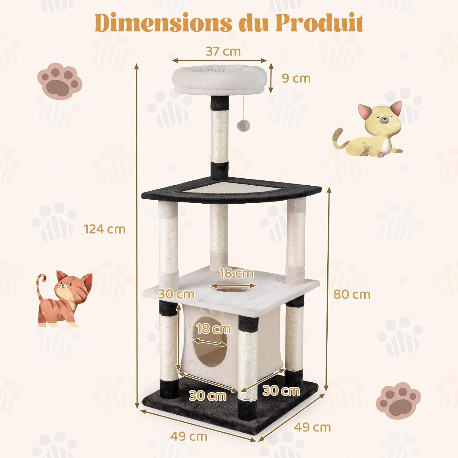 Arbre à Chat XXL 124 cm, Condo Flottant, Planche et Poteaux à Griffer en Sisal, Arbre a Chat Maine Coon, Pompon, Plateforme, Tour pour Chaton, Tissu P - Image 4