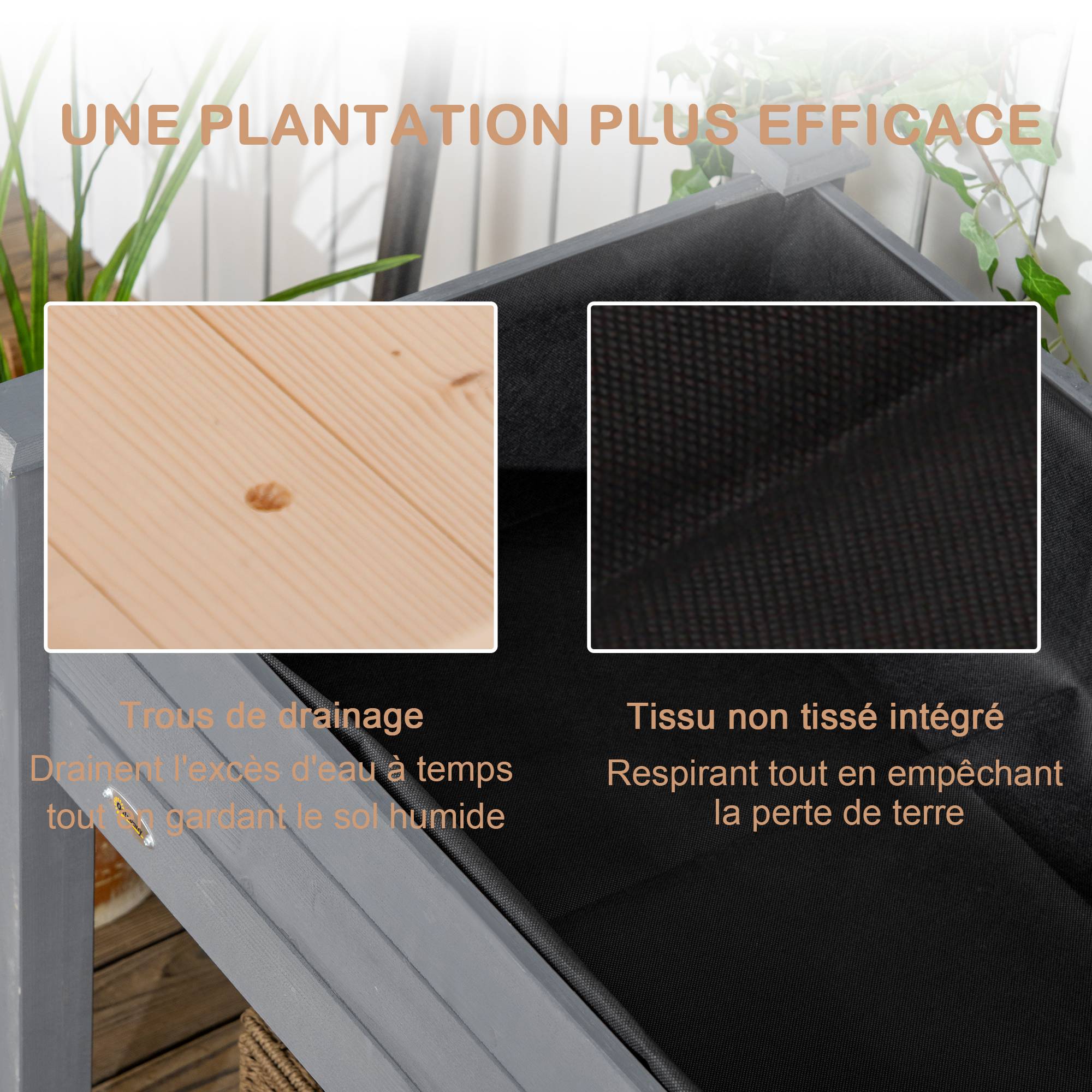 Potager sur pieds bois massif balcon terrasse feutre drainage grande capacité 123cm gris - ComfortXL Outdoor Living - Image 9