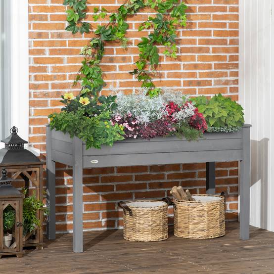 Potager sur pieds bois massif balcon terrasse feutre drainage grande capacité 123cm gris - ComfortXL Outdoor Living - Image 4