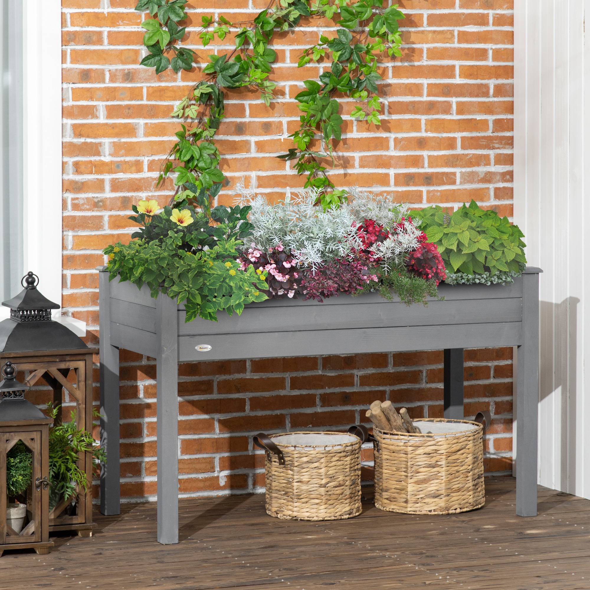 Potager sur pieds bois massif balcon terrasse feutre drainage grande capacité 123cm gris - ComfortXL Outdoor Living - Image 4
