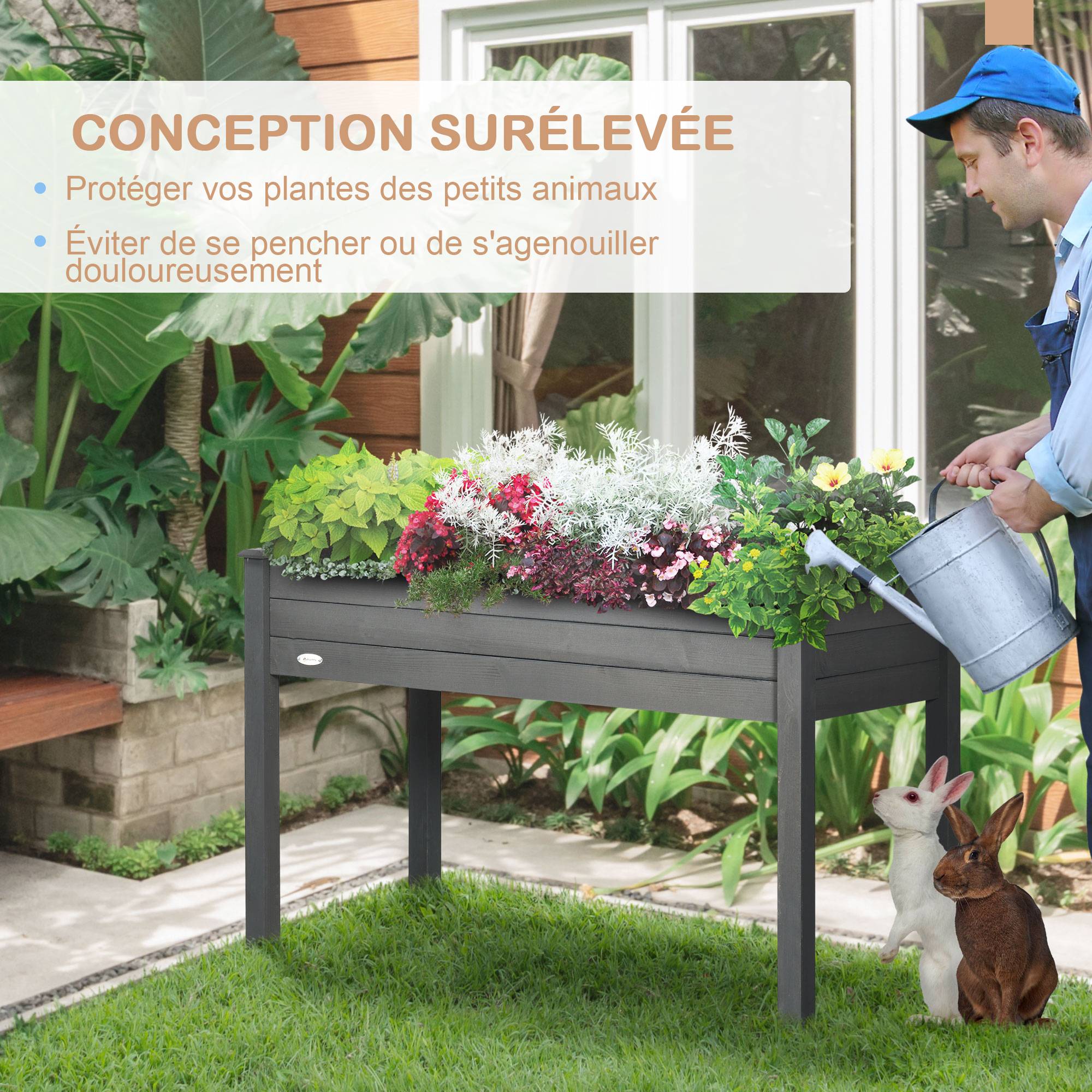 Potager sur pieds bois massif balcon terrasse feutre drainage grande capacité 123cm gris - ComfortXL Outdoor Living - Image 7
