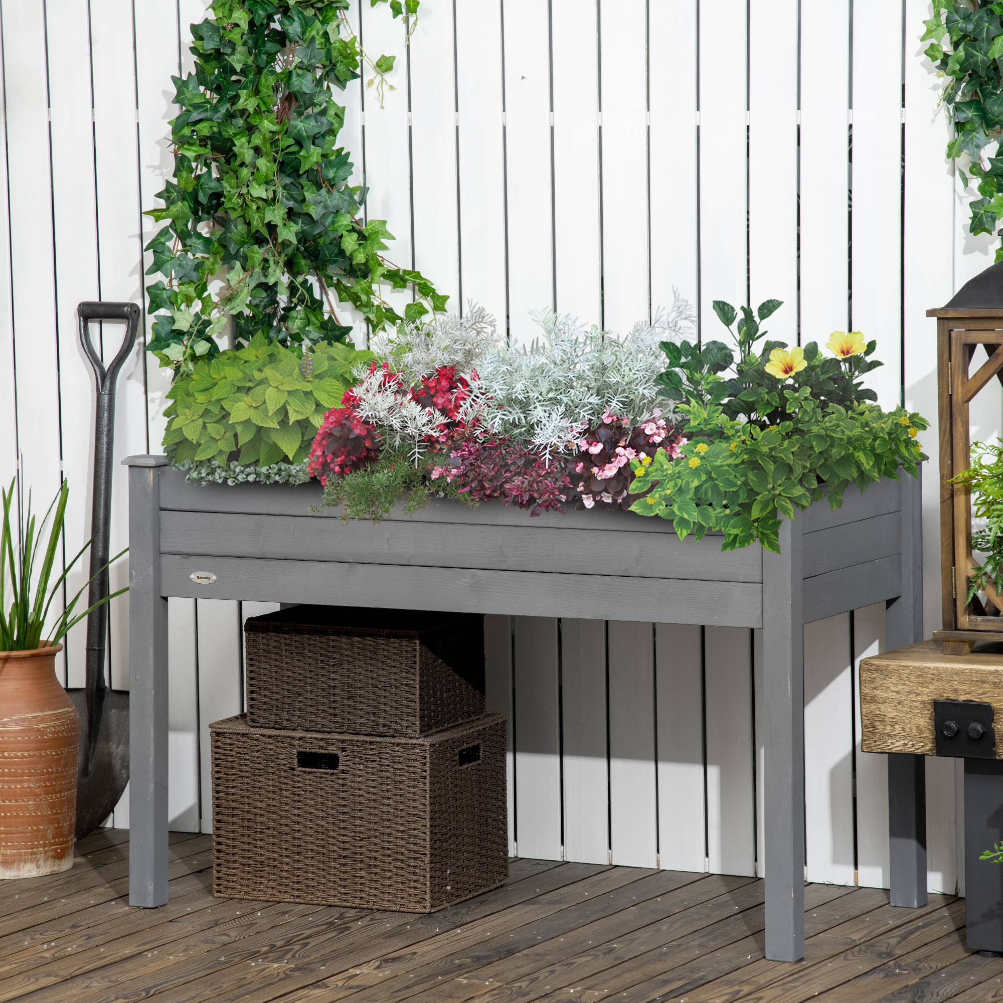 Potager sur pieds bois massif balcon terrasse feutre drainage grande capacité 123cm gris - ComfortXL Outdoor Living - Image 3