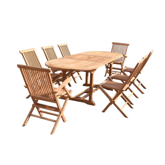 Salon de jardin Teck massif 8 à 10 personnes - Table ovale + 8 chaises KAJANG - Image 1