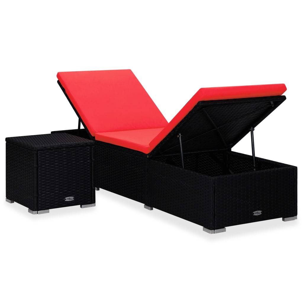 Chaise longue | Transat | Bain de soleil avec coussin et table à thé Résine tressée Rouge - Image 1