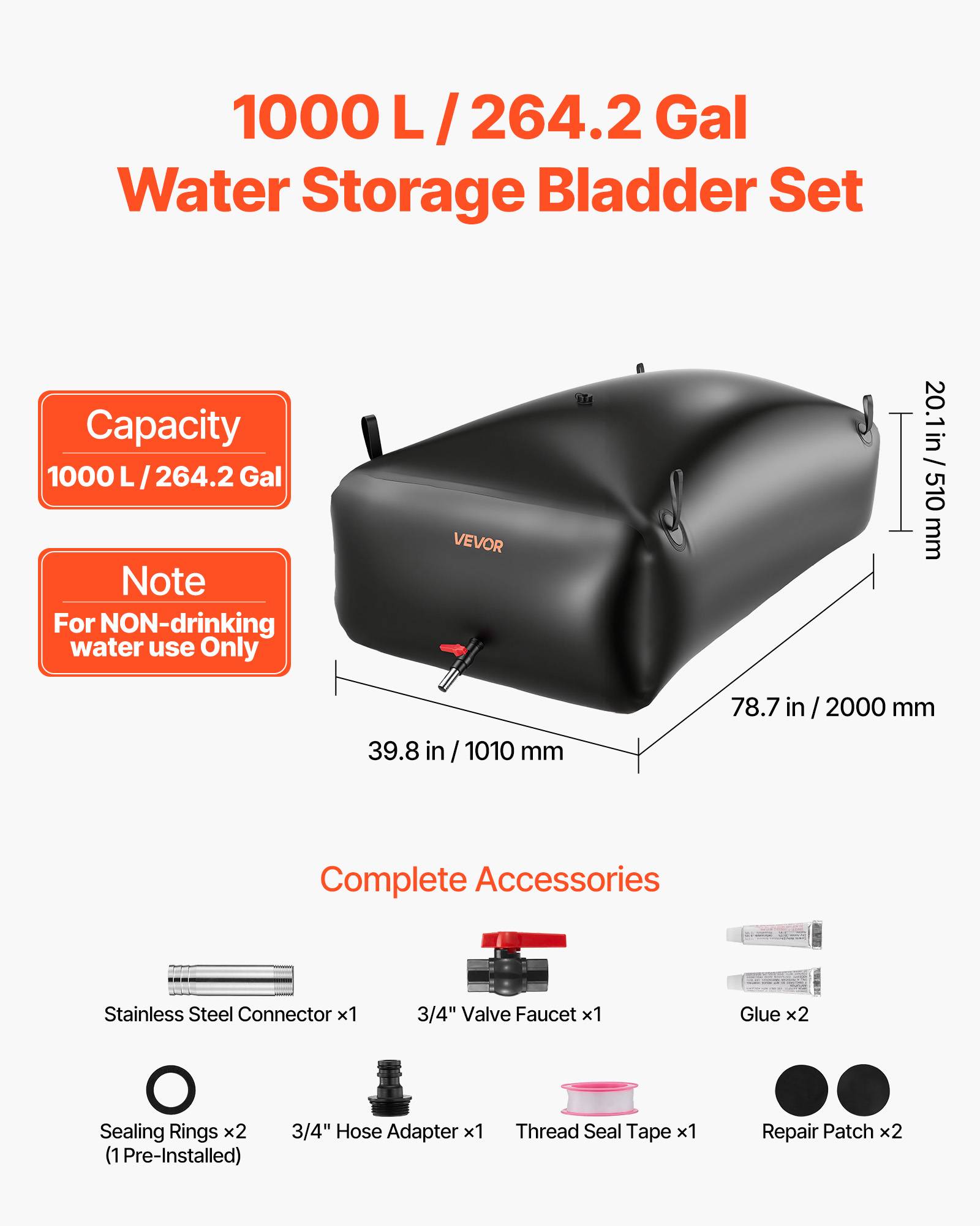 Vevor - VEVOR Réservoir d'Eau Souple Vessie Stockage Eau Pliable 1000 L PVC 1000D Noir - Image 2