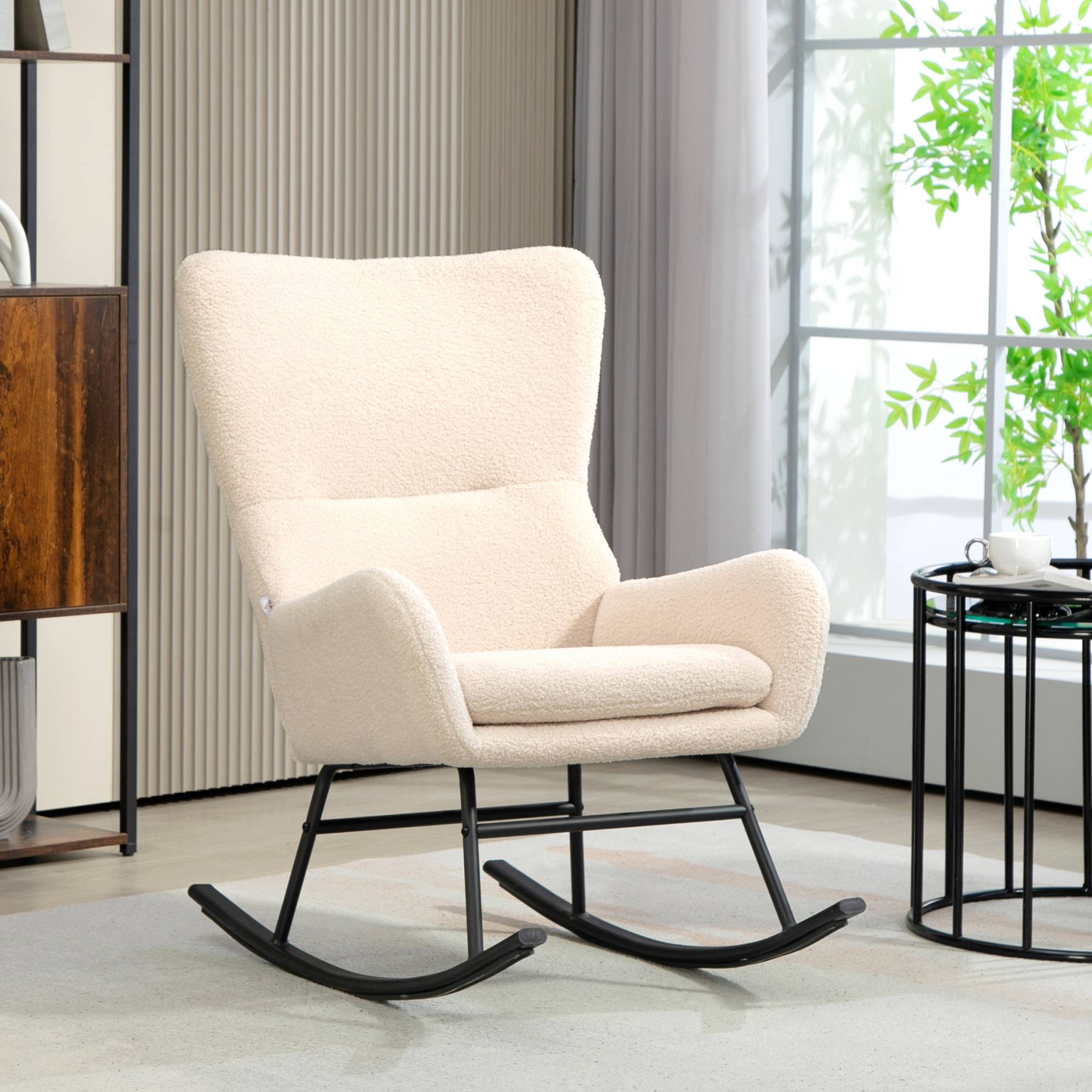 Sans Marque - Fauteuil à bascule, chaise à bascule, avec assise de 10 cm d'épaisseur, pieds incurvés en acier, beige et noir - Image 3