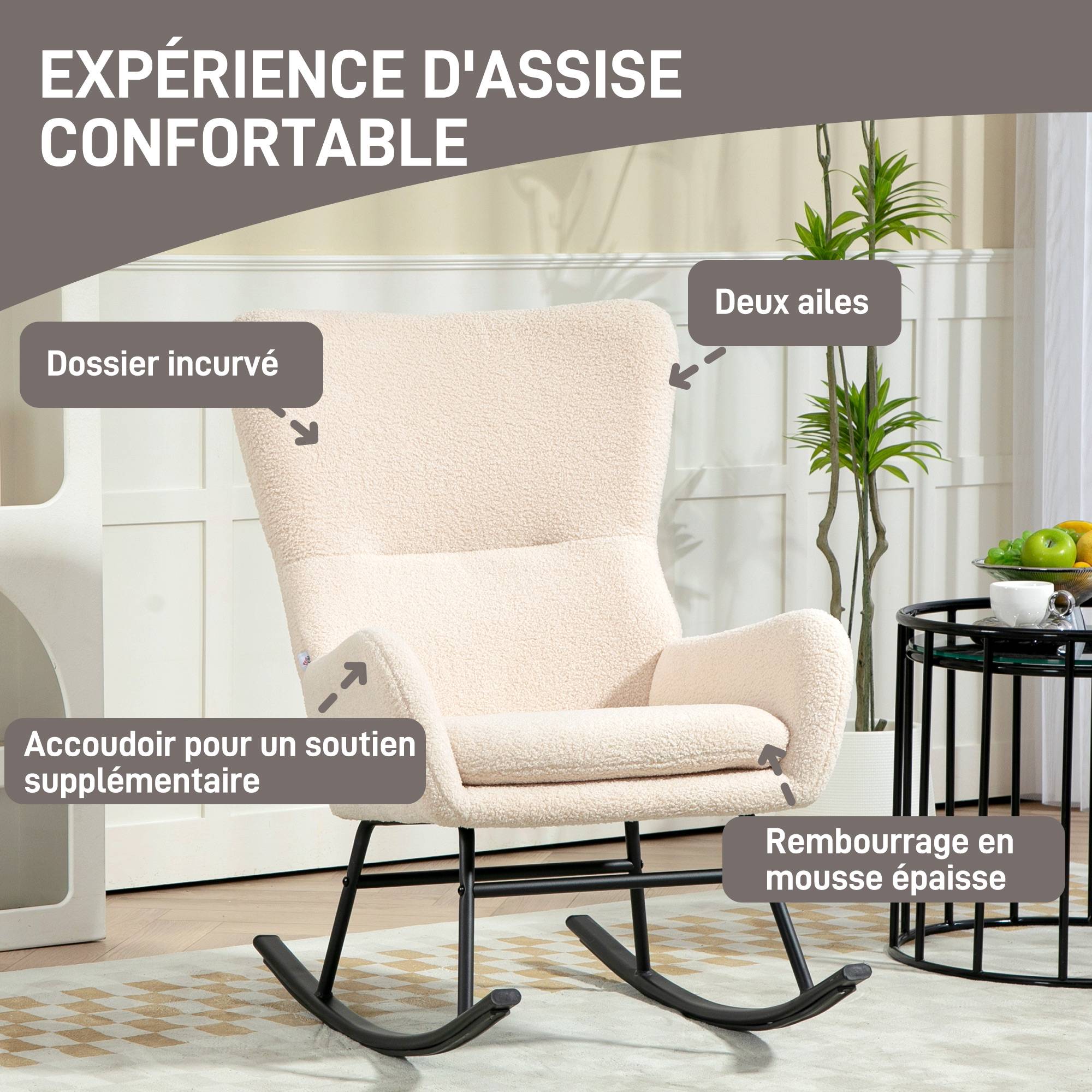 Sans Marque - Fauteuil à bascule, chaise à bascule, avec assise de 10 cm d'épaisseur, pieds incurvés en acier, beige et noir - Image 7