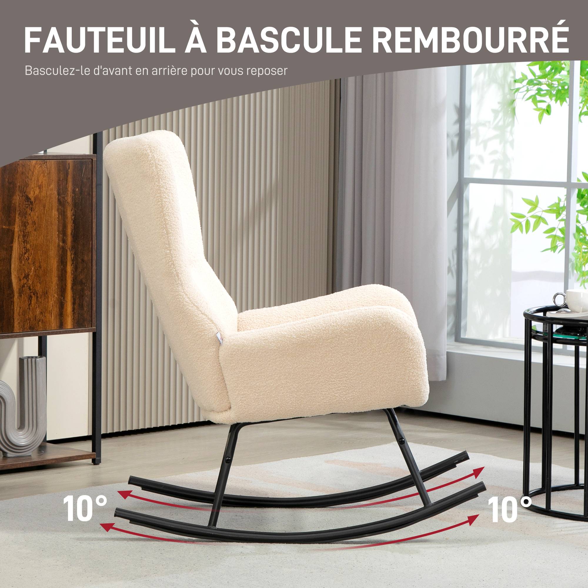 Sans Marque - Fauteuil à bascule, chaise à bascule, avec assise de 10 cm d'épaisseur, pieds incurvés en acier, beige et noir - Image 6
