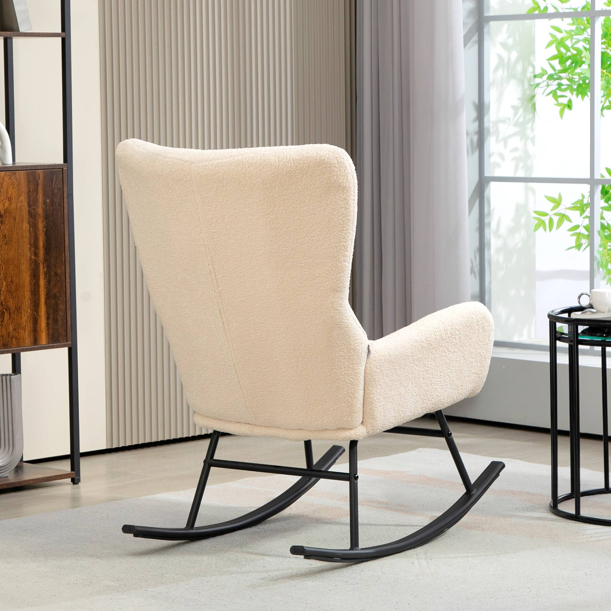 Sans Marque - Fauteuil à bascule, chaise à bascule, avec assise de 10 cm d'épaisseur, pieds incurvés en acier, beige et noir - Image 9