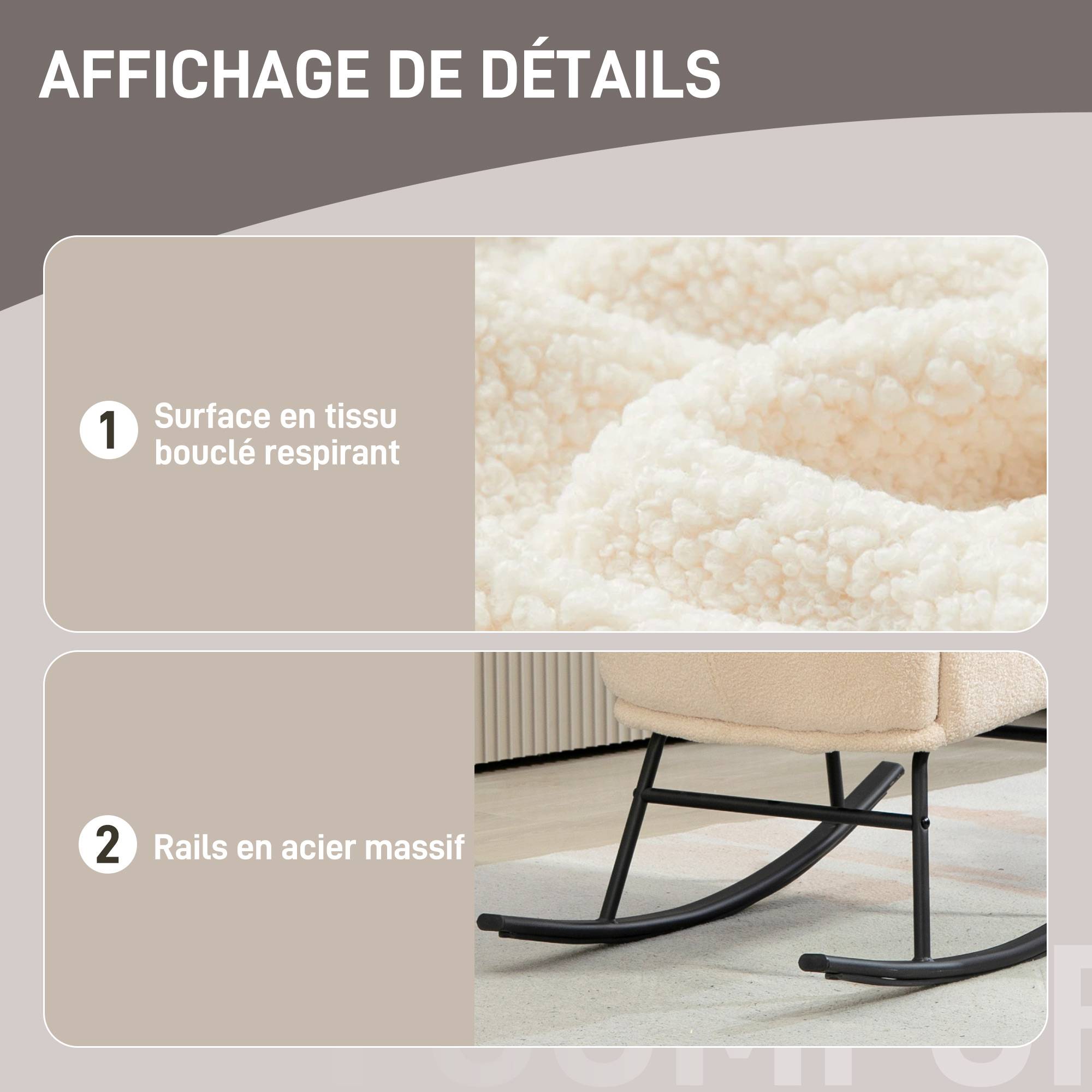 Sans Marque - Fauteuil à bascule, chaise à bascule, avec assise de 10 cm d'épaisseur, pieds incurvés en acier, beige et noir - Image 8