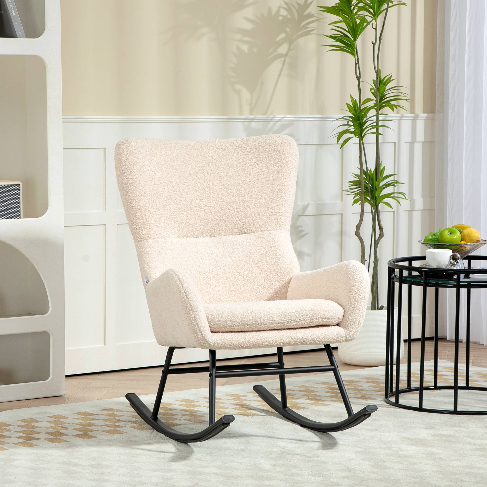 Sans Marque - Fauteuil à bascule, chaise à bascule, avec assise de 10 cm d'épaisseur, pieds incurvés en acier, beige et noir - Image 4