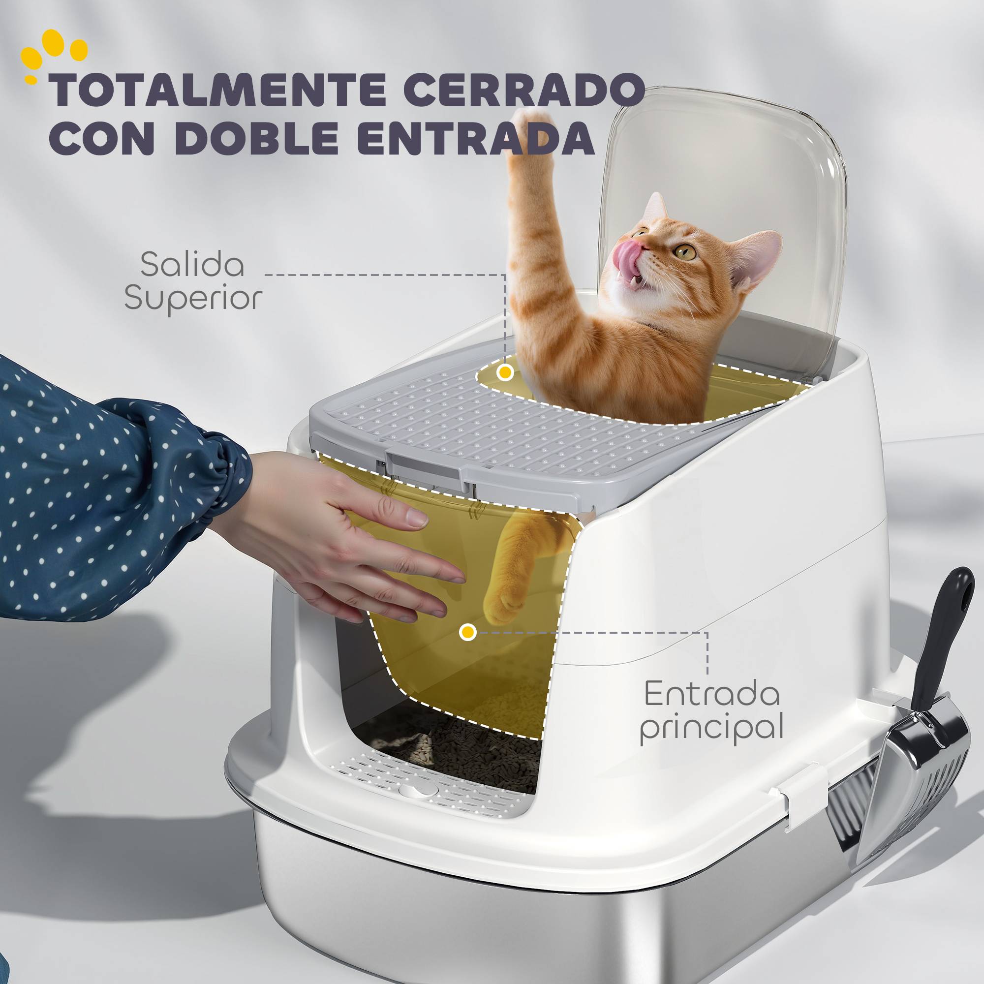 Grand bac à litière pour chat en acier inoxydable avec couvercle à charnière, pelle en métal, sac désodorisant, facile à nettoyer, blanc - Image 7
