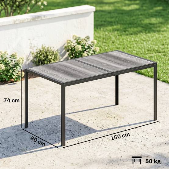 Table de jardin pour 4 à 6 personnes, table à manger extérieure avec plateau à effet bois, 150 x 80 x 74 cm, gris - Image 5