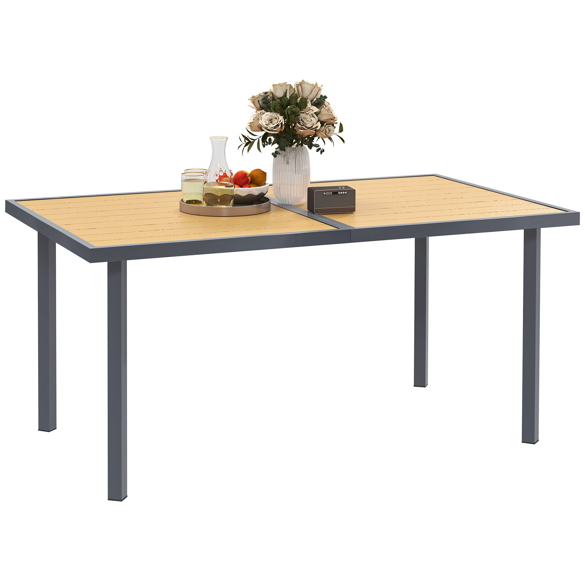 Sans Marque - Table à manger de jardin pour 6 personnes table de jardin avec plateau effet bois en acier 150 x 90 x 72 cm bois naturel - Image 1