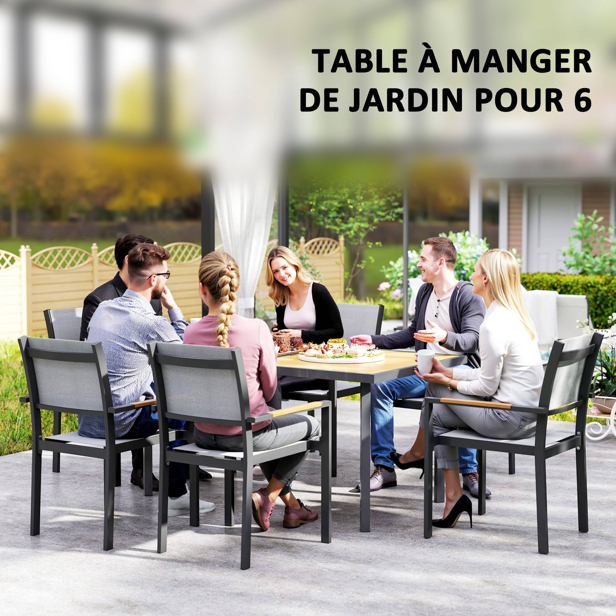 Sans Marque - Table à manger de jardin pour 6 personnes table de jardin avec plateau effet bois en acier 150 x 90 x 72 cm bois naturel - Image 7