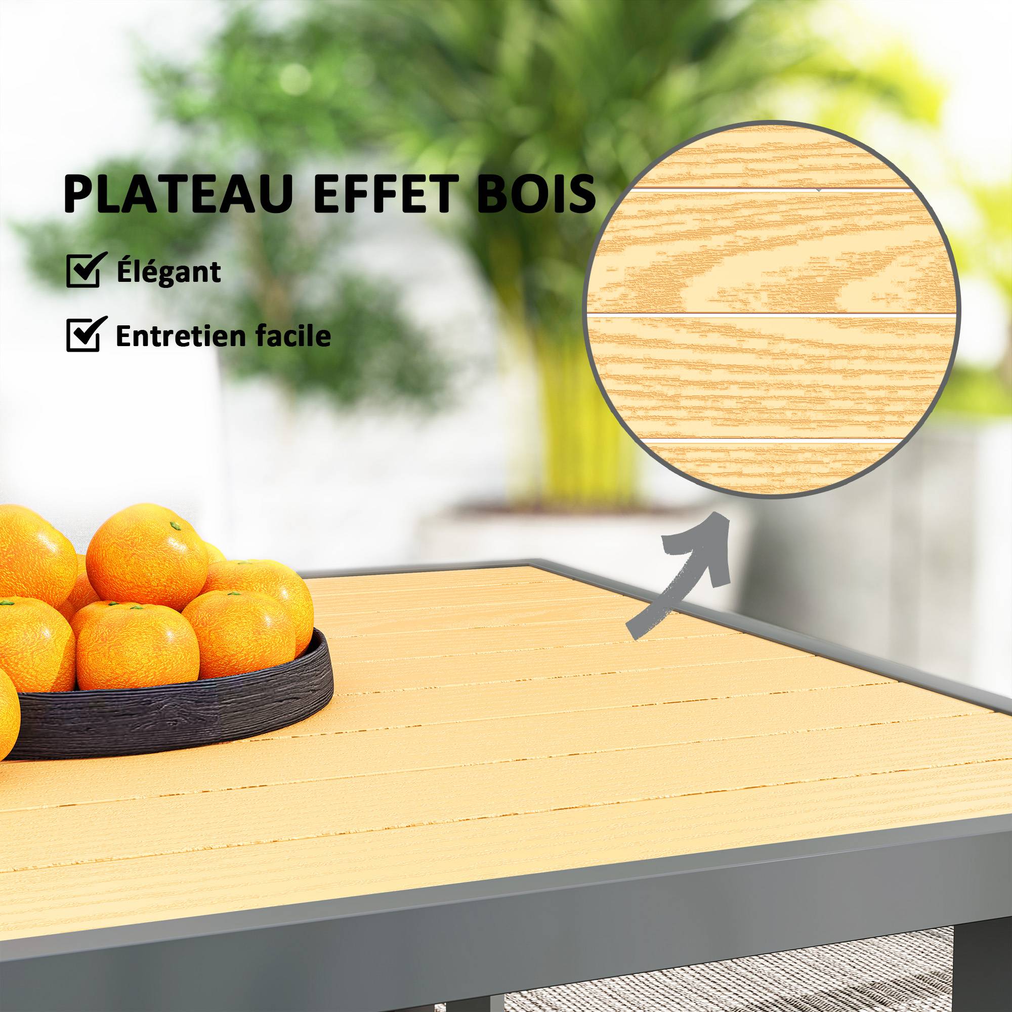 Sans Marque - Table à manger de jardin pour 6 personnes table de jardin avec plateau effet bois en acier 150 x 90 x 72 cm bois naturel - Image 6