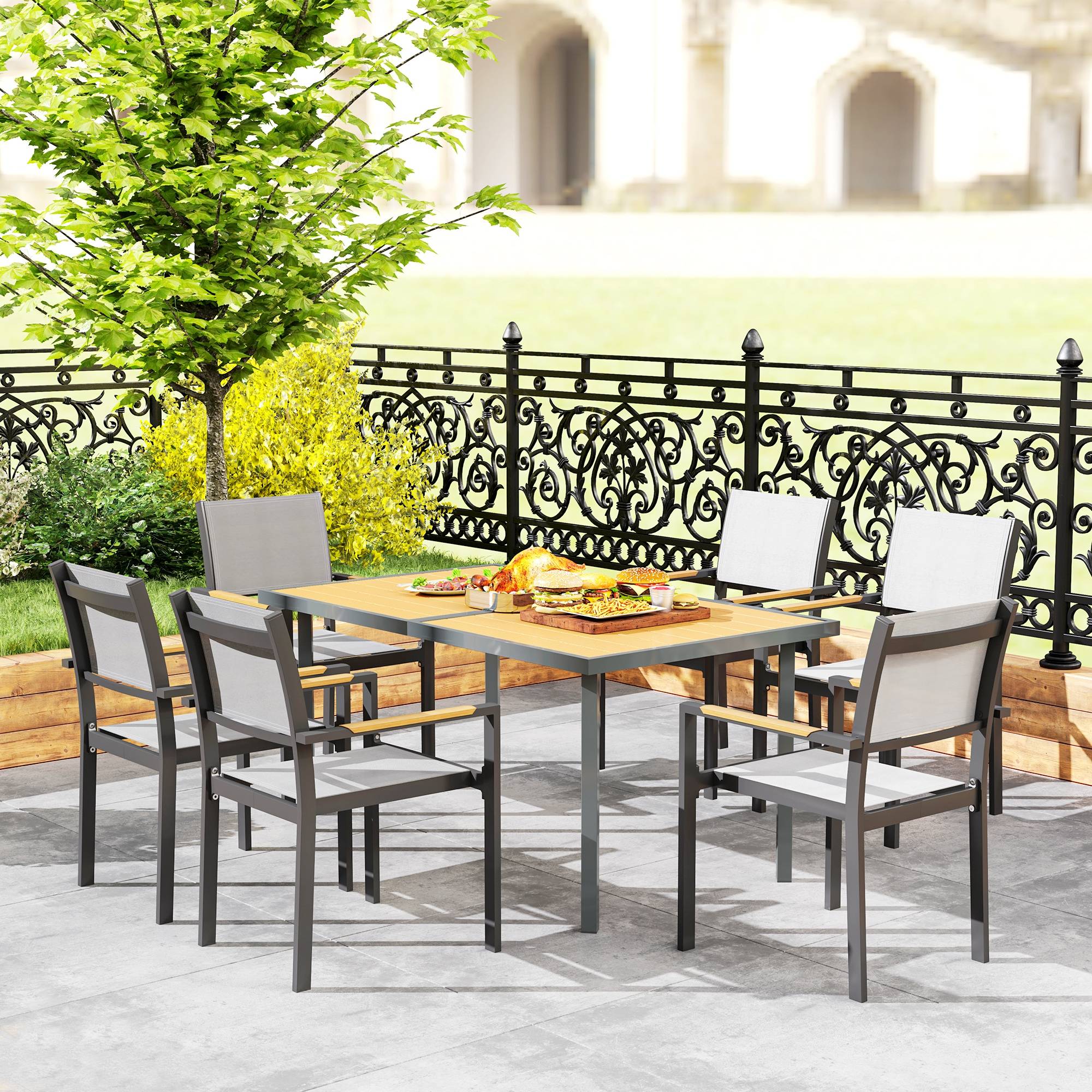 Sans Marque - Table à manger de jardin pour 6 personnes table de jardin avec plateau effet bois en acier 150 x 90 x 72 cm bois naturel - Image 8
