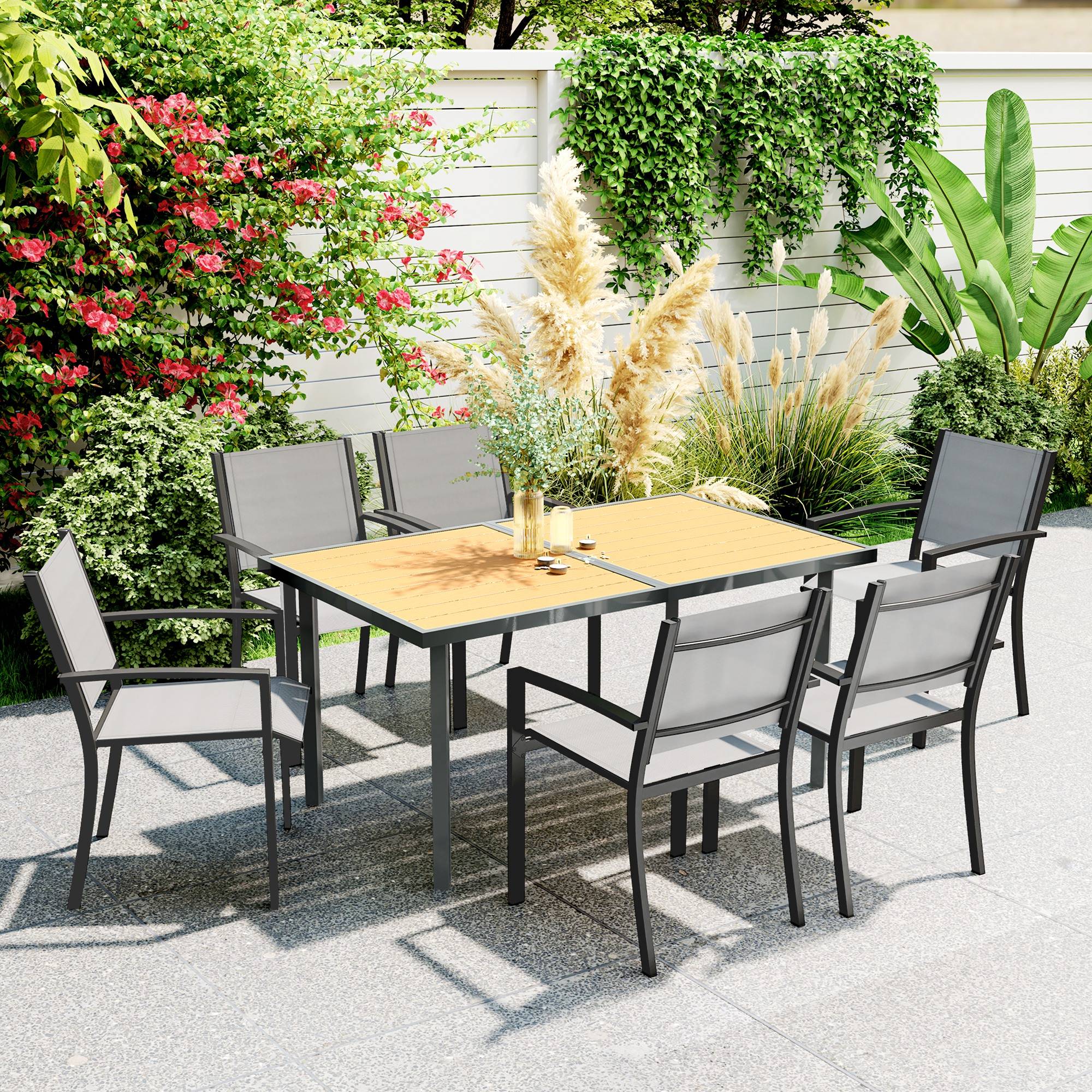 Sans Marque - Table à manger de jardin pour 6 personnes table de jardin avec plateau effet bois en acier 150 x 90 x 72 cm bois naturel - Image 3