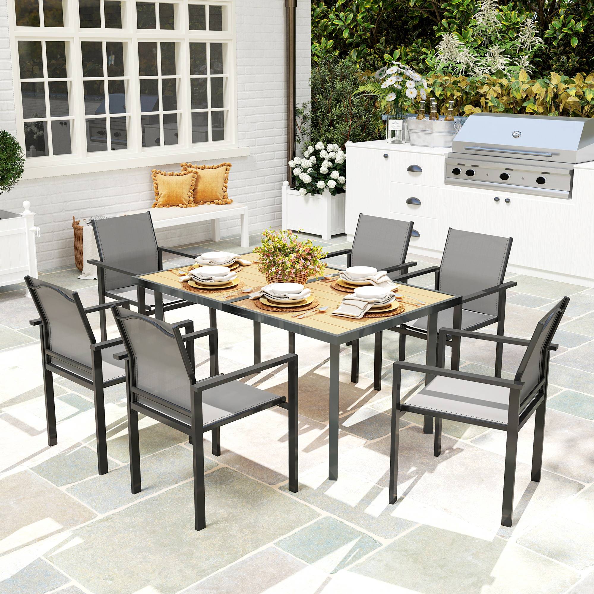 Sans Marque - Table à manger de jardin pour 6 personnes table de jardin avec plateau effet bois en acier 150 x 90 x 72 cm bois naturel - Image 4