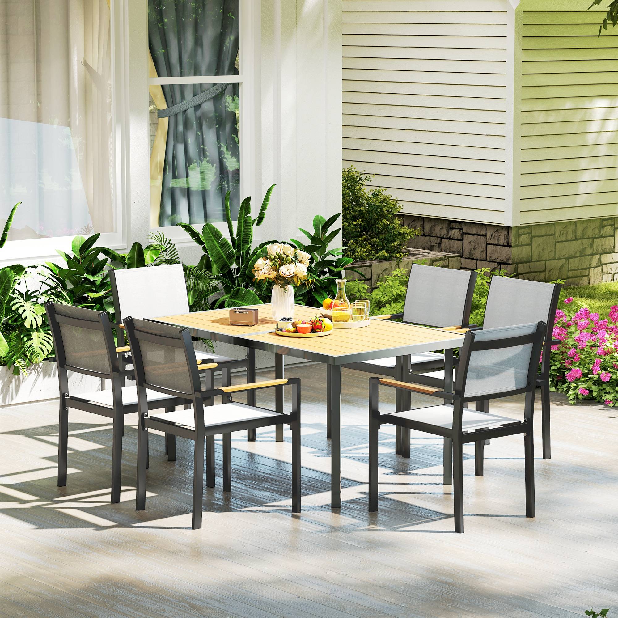 Sans Marque - Table à manger de jardin pour 6 personnes table de jardin avec plateau effet bois en acier 150 x 90 x 72 cm bois naturel - Image 9