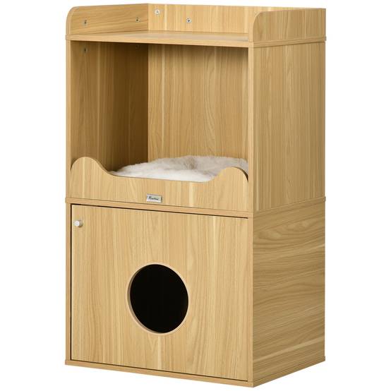 Maison de toilette pour chat meuble litière chat 3 niveaux compartiment fermé par une porte 1 coussin 60 x 45 x 103 cm - Image 2